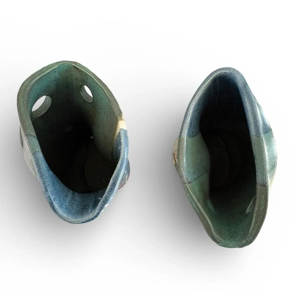 Dede Signed Studio Pottery Vases Set of 2 Teal Green Blue Glazed Stoneware